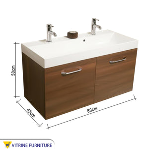 Double-doors bathroom sink unit in white and honey brown