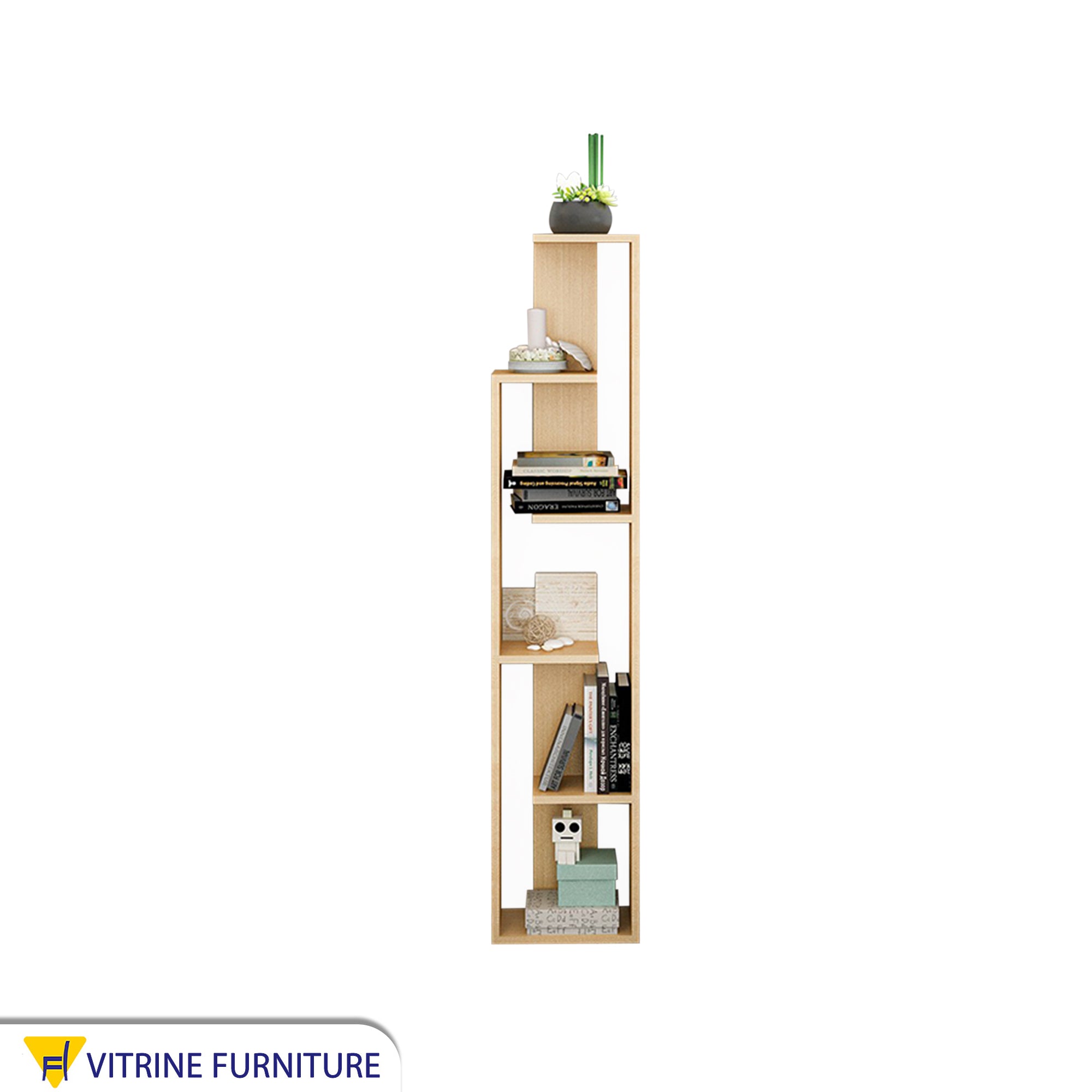 A decorative piece for a small beige high cabinet with interchangeable shelves