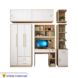 A wardrobe made of integrated storage pieces in beige and white