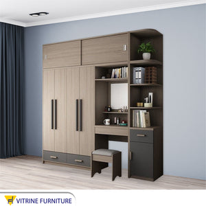 A wardrobe made of integrated storage pieces in beige and gray