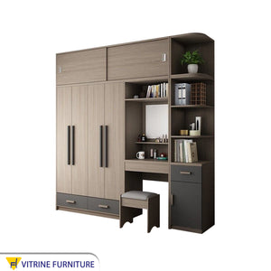 A wardrobe made of integrated storage pieces in beige and gray