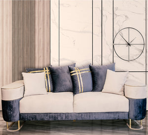 Luxe Living: White & Indigo Cushions with Gold Ribbon Trim