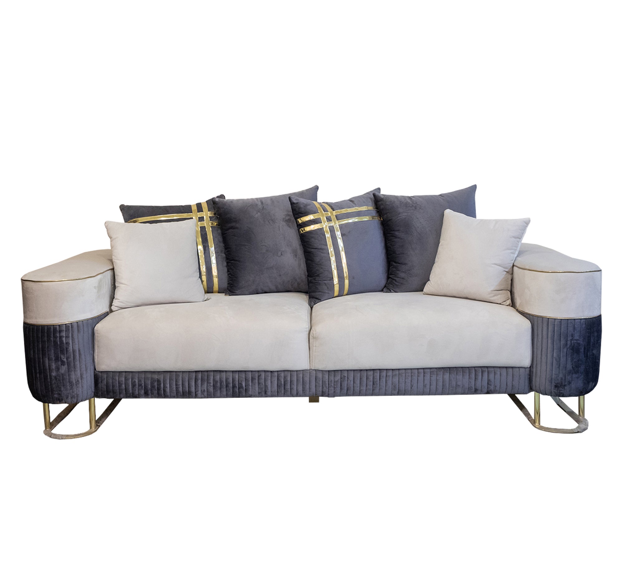 Luxe Living: White & Indigo Cushions with Gold Ribbon Trim