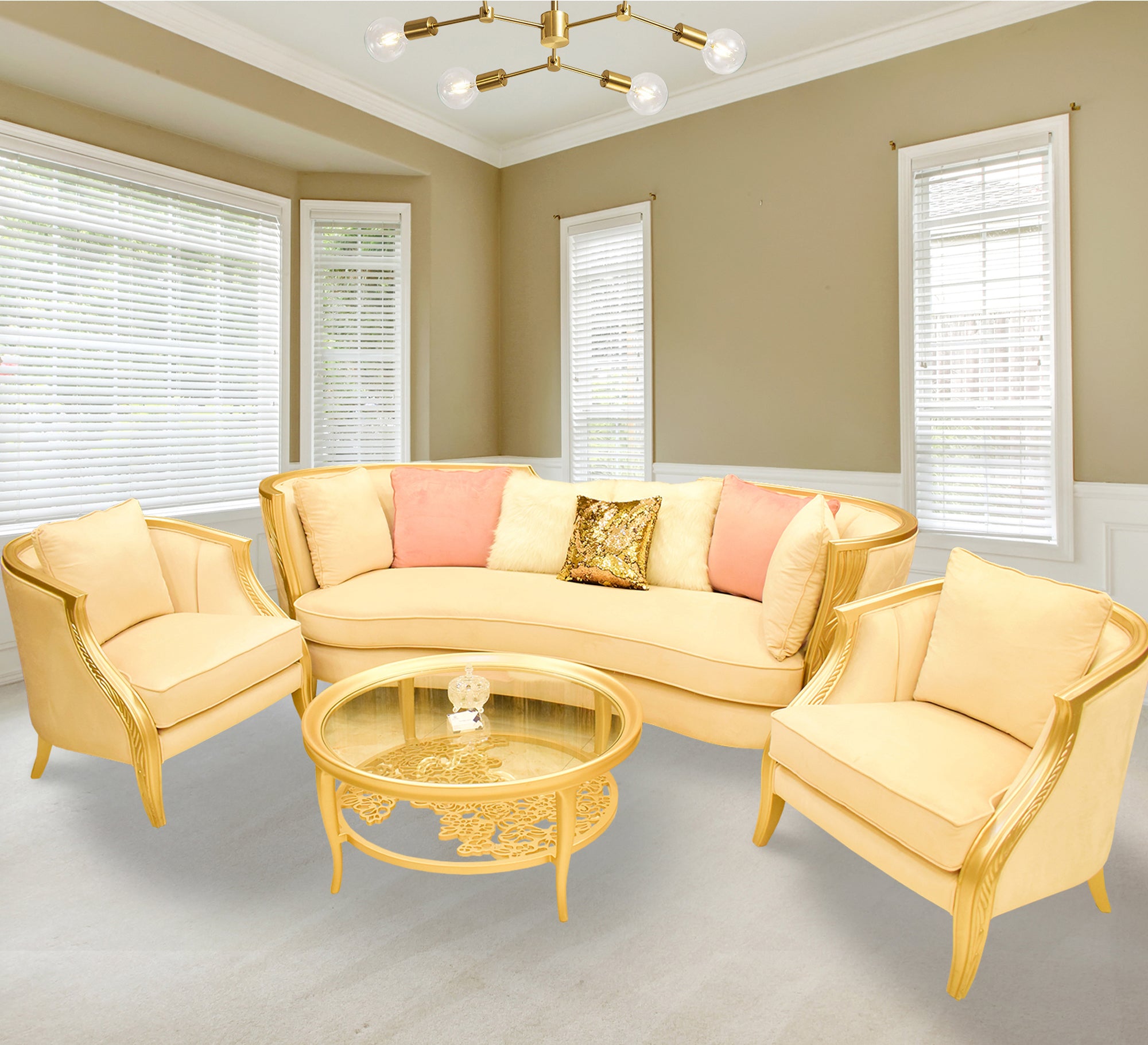 Creamy Golden Sofa with High Armrests & Legs