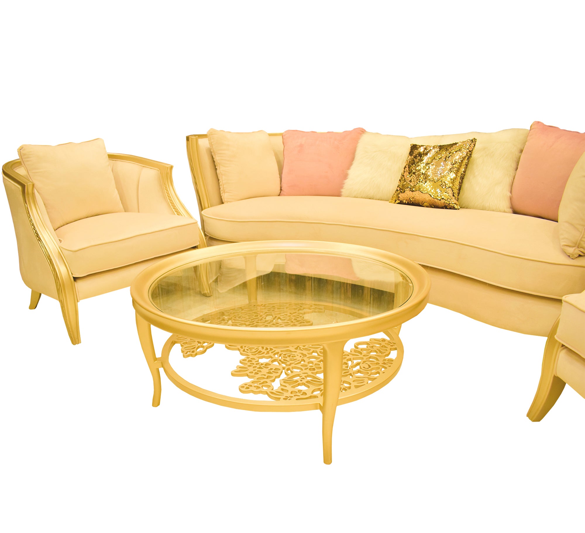 Creamy Golden Sofa with High Armrests & Legs