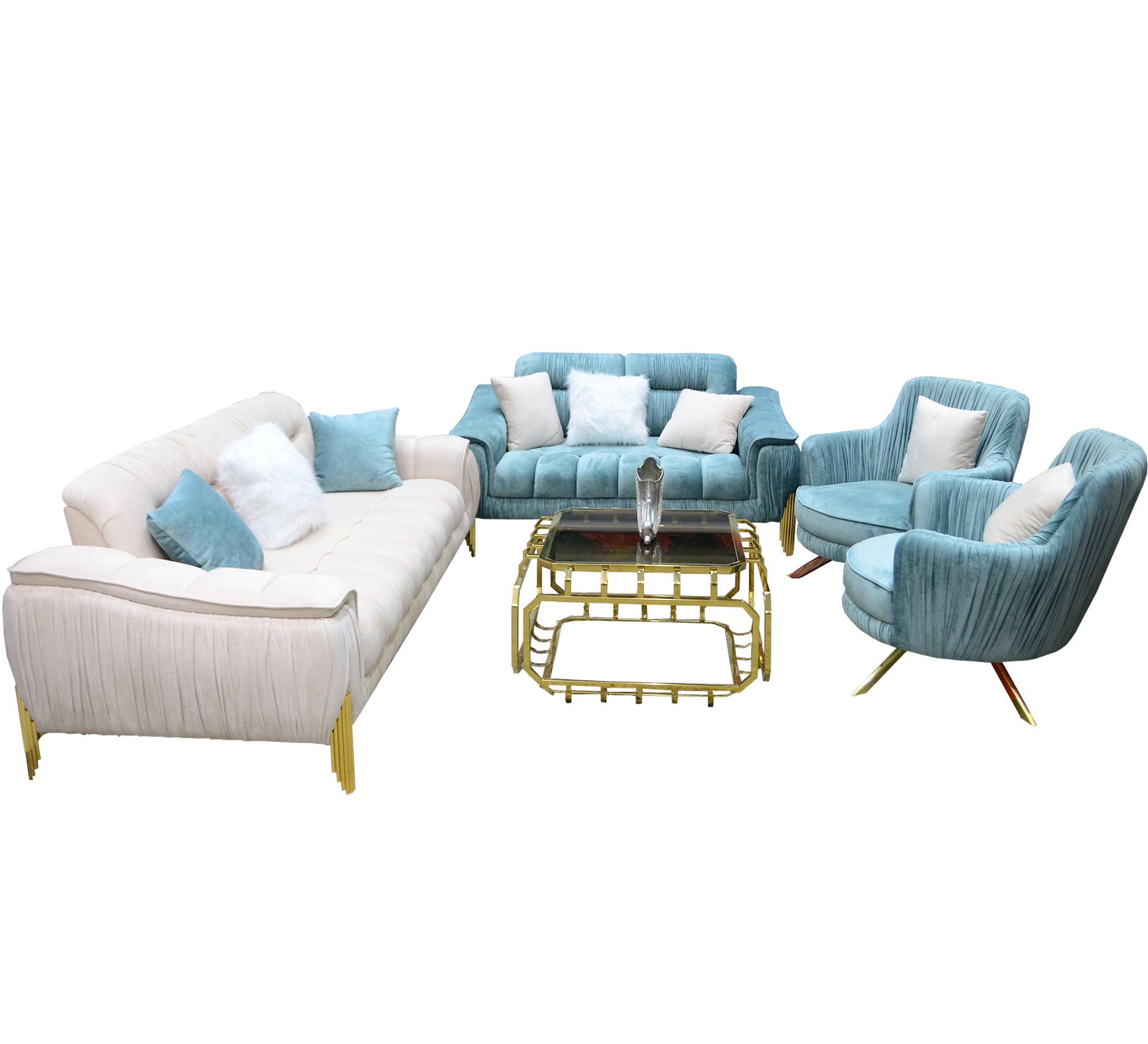 Sofa: Sky Blue, Ivory White, Steel Leg Elegance