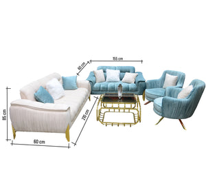 Sofa: Sky Blue, Ivory White, Steel Leg Elegance