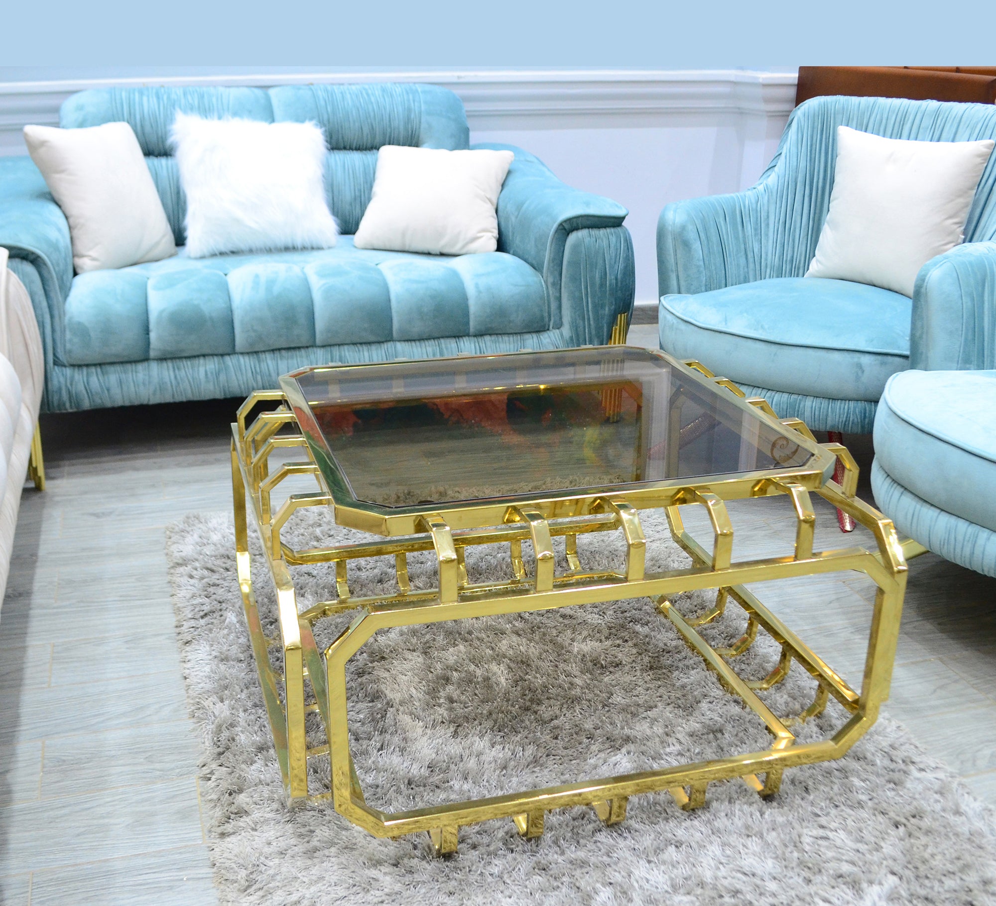 Living Room Table with Golden Steel Frame