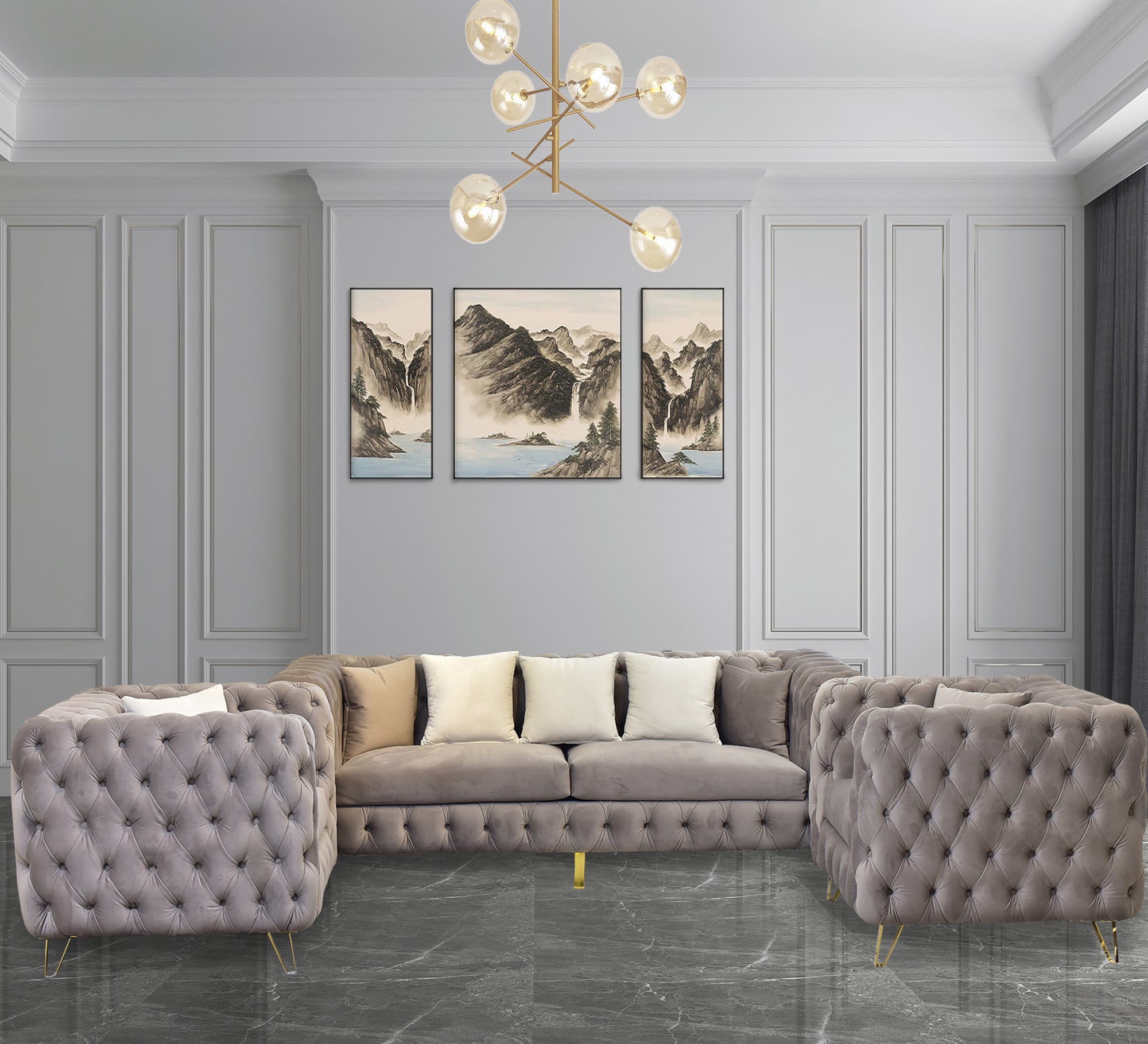 Fully capotain grey living room with golden legs