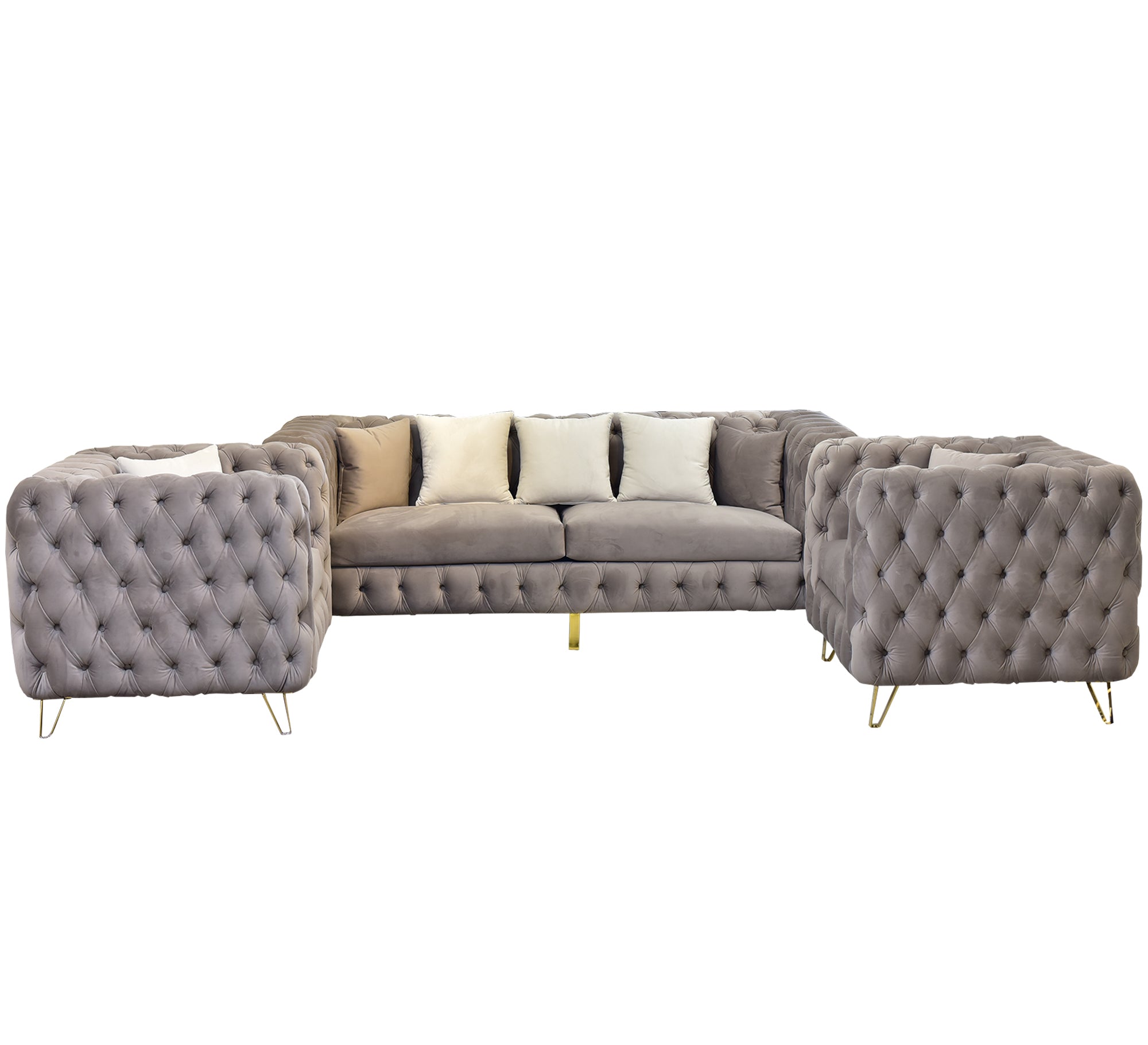 Fully capotain grey living room with golden legs