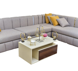 Living room corner, light brown upholstery, longitudinal stripes