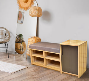 A bench seat with a closet for shoes