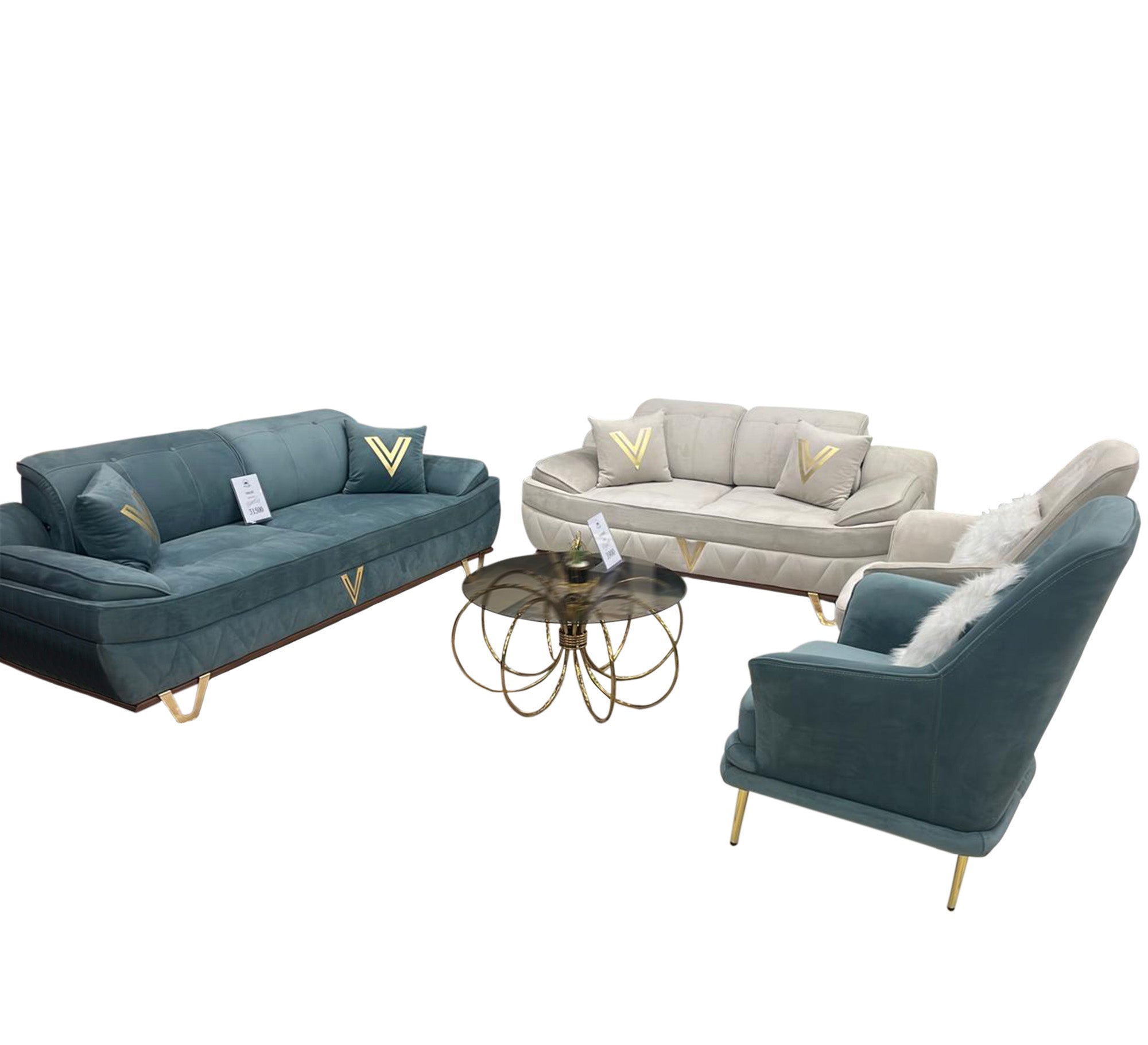 White * turquoise living room with steel legs