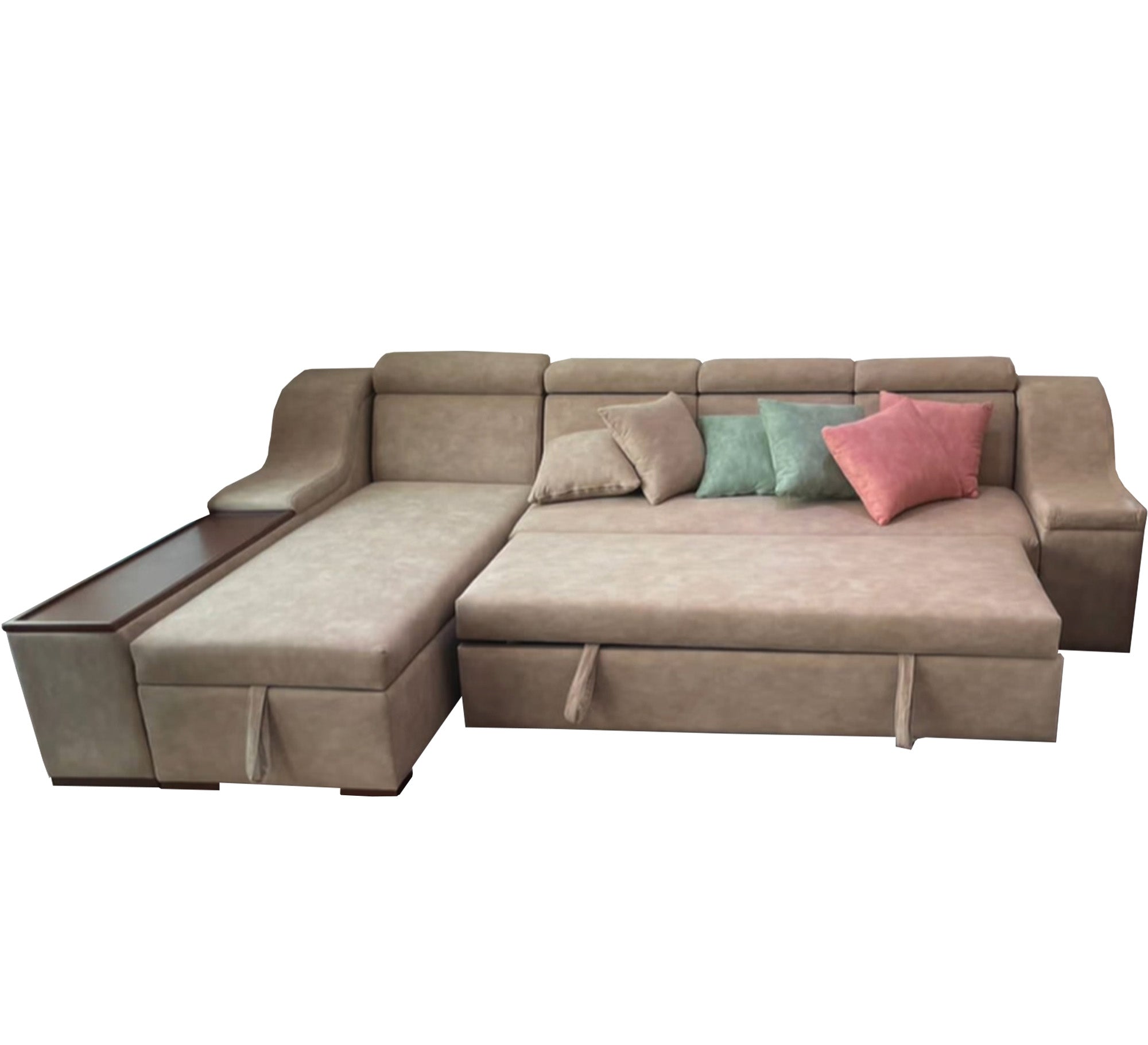 beige L-shaped corner bed and  chaise longue