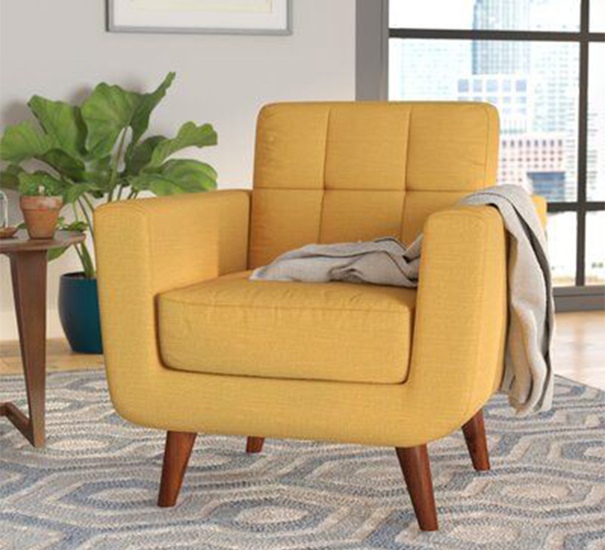 Camel Yellow Chair with High Wooden Legs