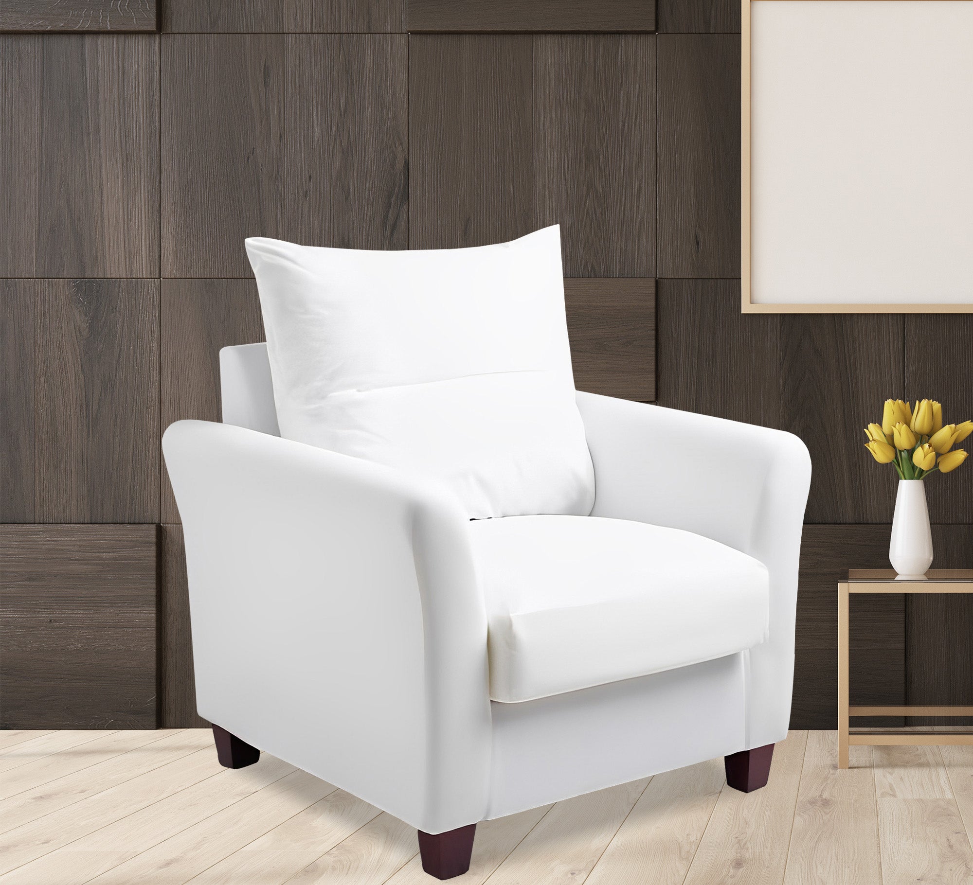 White armchair with high back and sturdy wooden legs