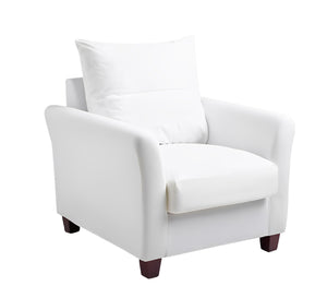 White armchair with high back and sturdy wooden legs