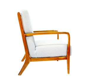 A chair with thin wooden armrests