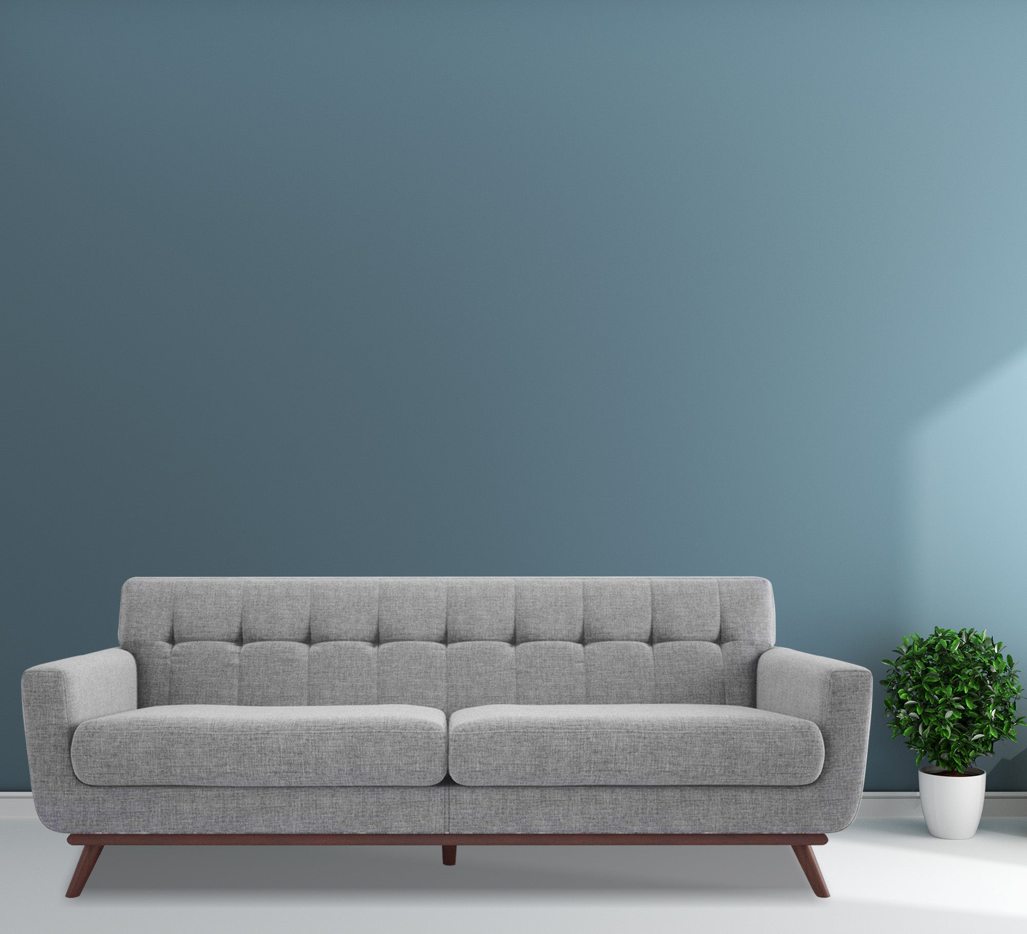 Gray sofa with slanted wooden legs