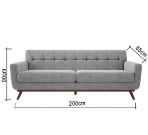 Gray sofa with slanted wooden legs