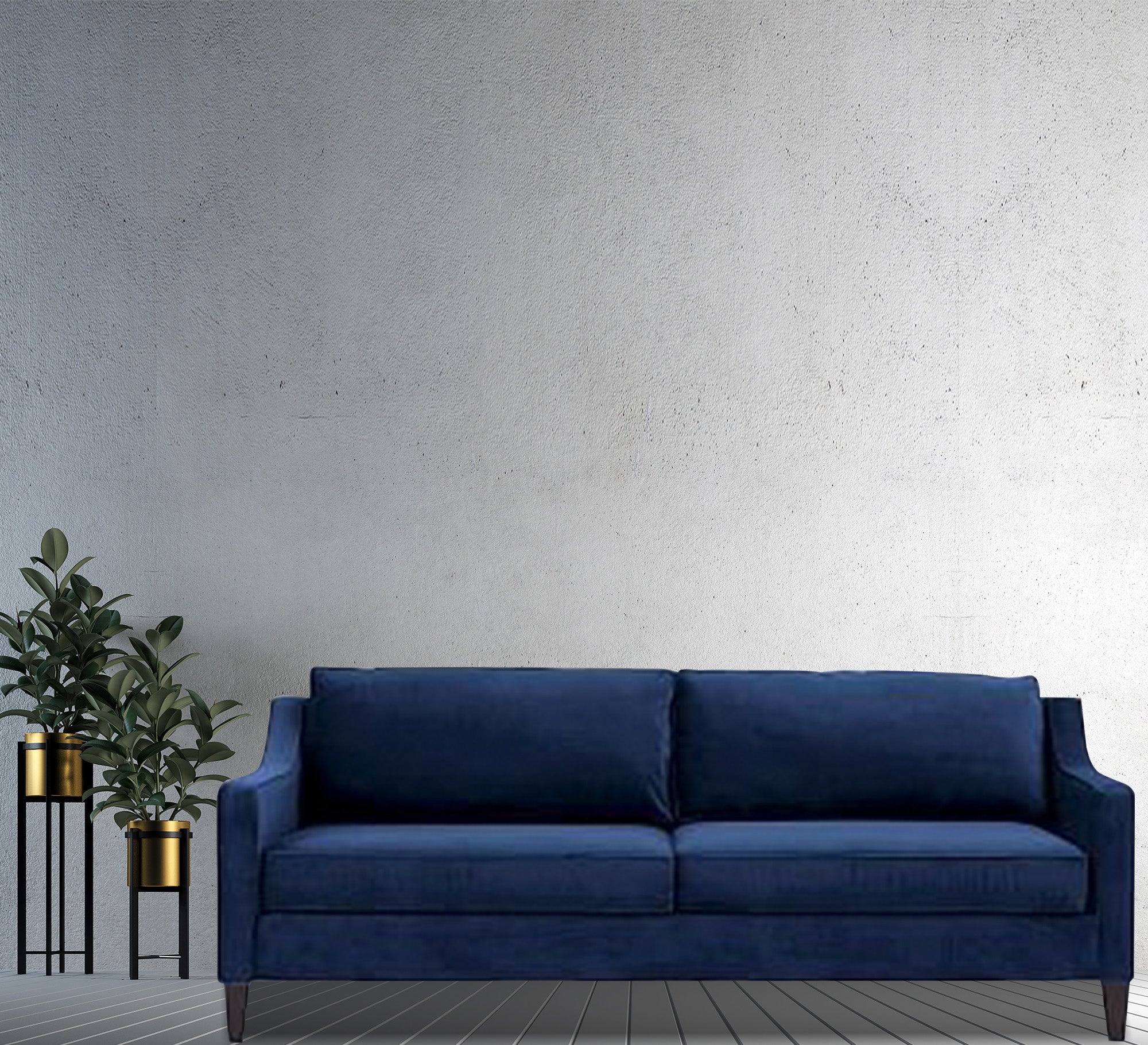 Blue sofa with curved armrests