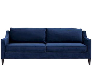 Blue sofa with curved armrests