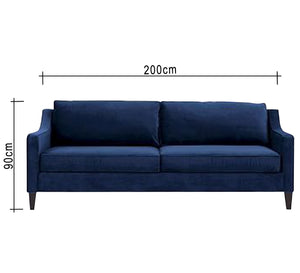 Blue sofa with curved armrests