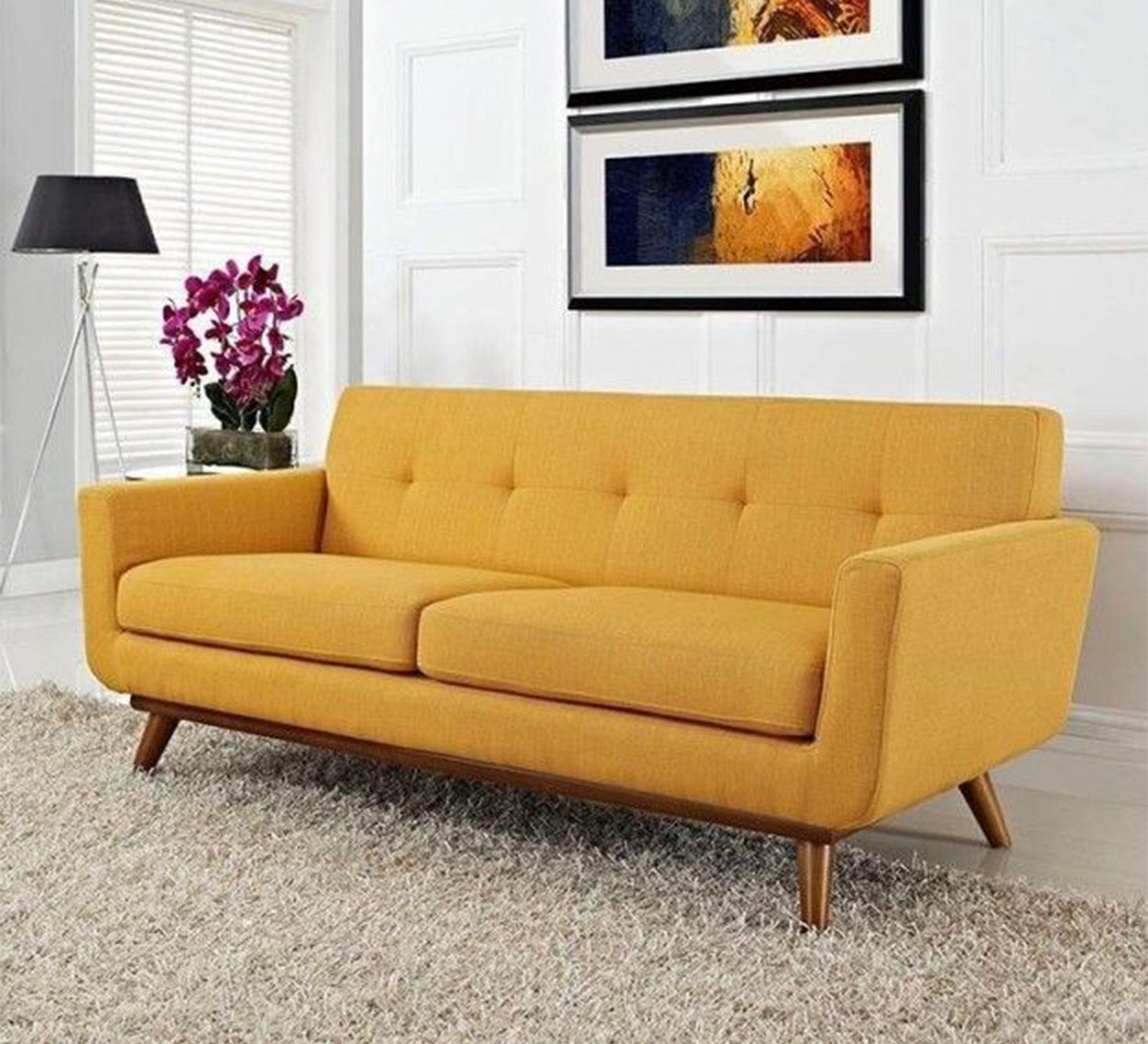 Camel yellow sofa with slanted legs