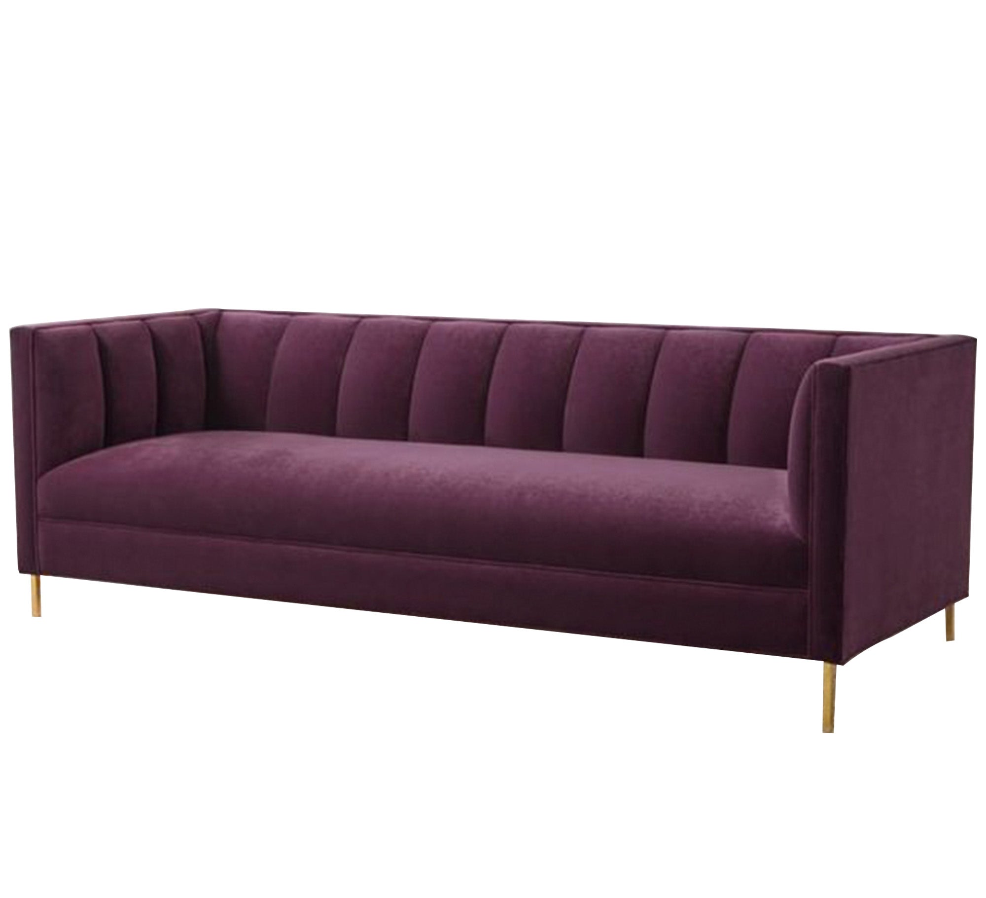 A burgundy sofa with successive recessed lines on the backrest