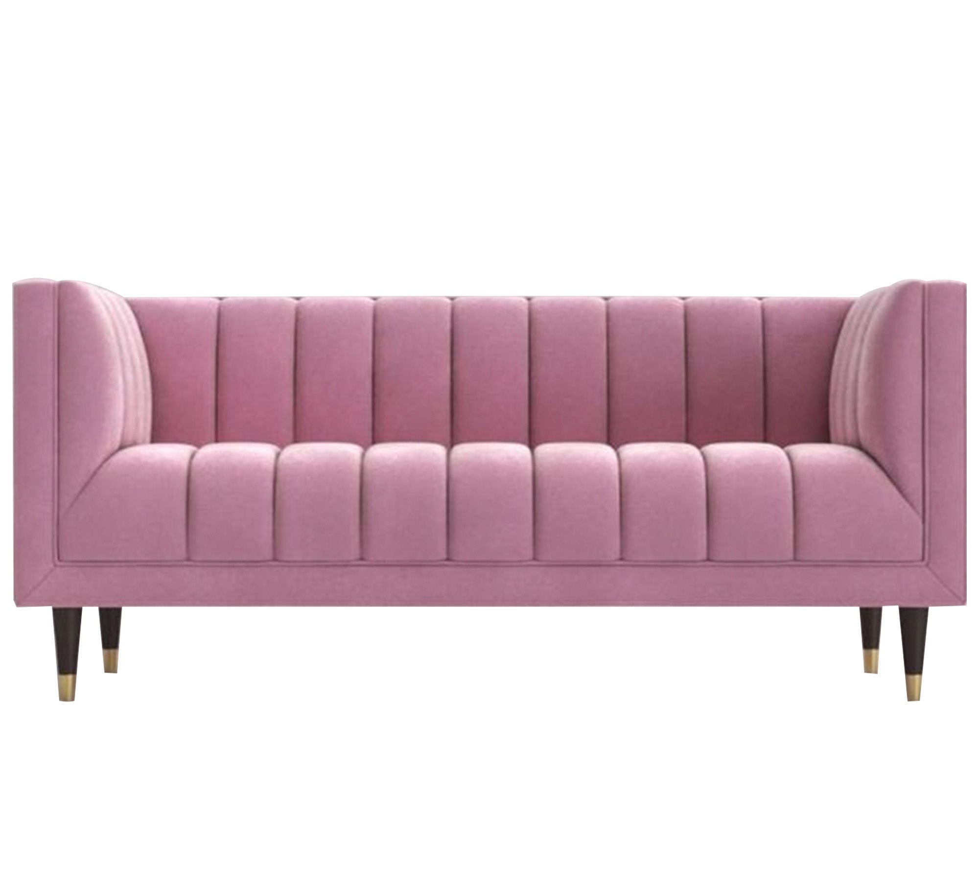 Rose color sofa with recessed lines on the back and base