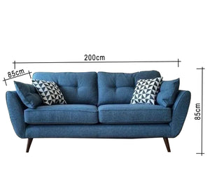 Dark blue sofa with curved armrests