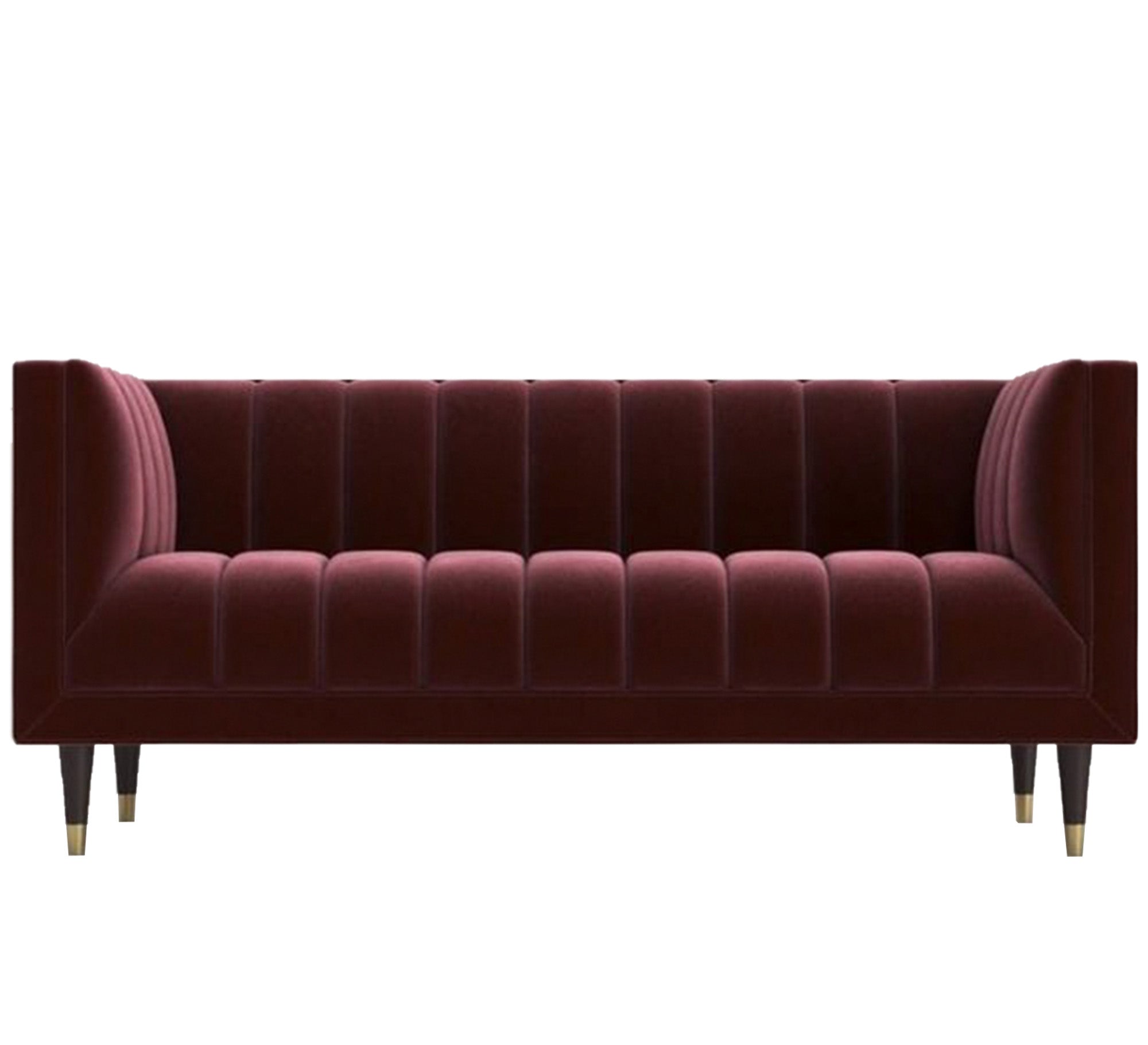 A sofa in a burgundy color with recessed lines on the back and the base