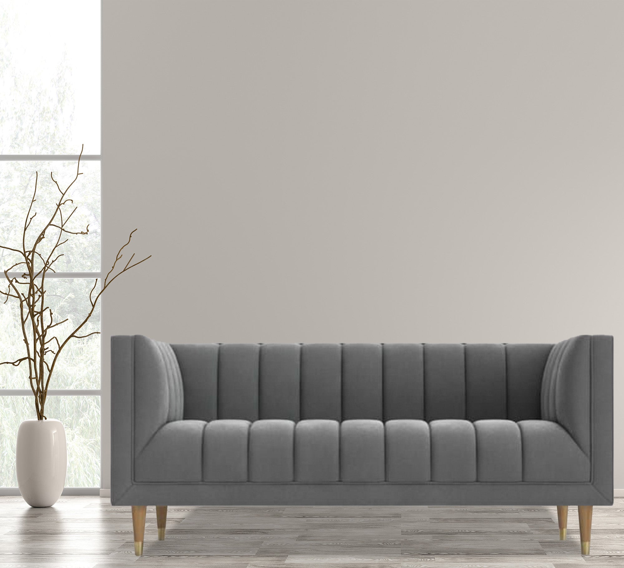 Gray sofa with recessed lines on the back and base