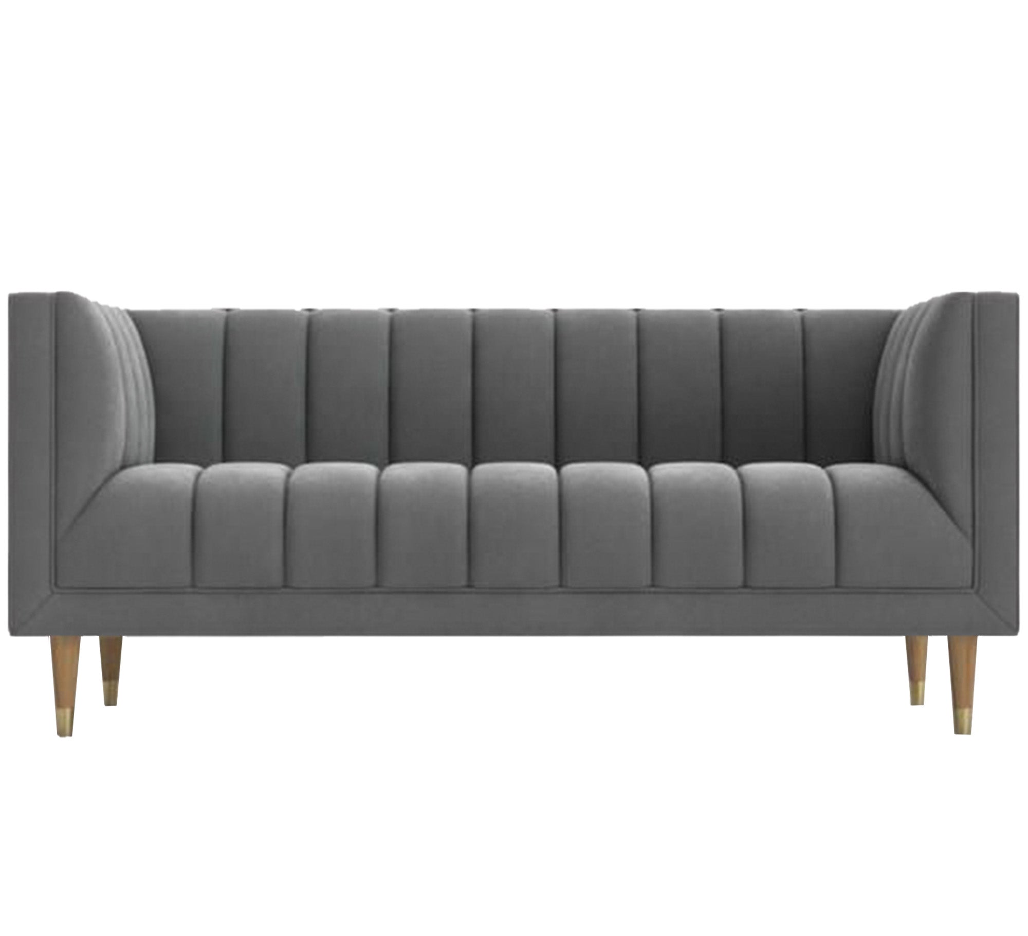 Gray sofa with recessed lines on the back and base