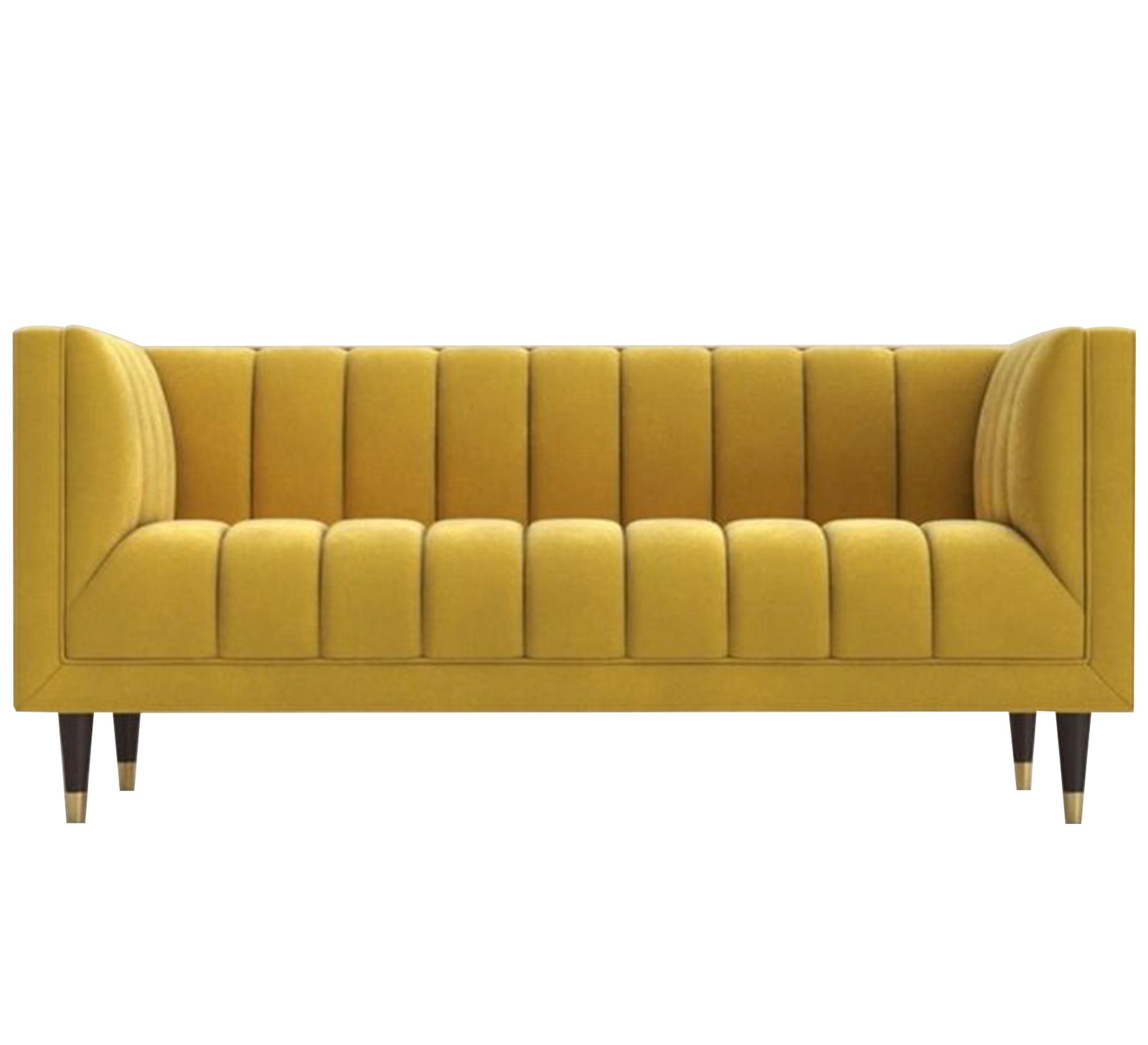 A sofa in a camel yellow color with recessed lines on the back and the base