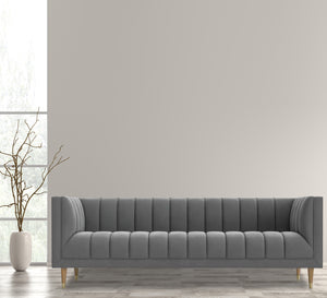 Gray sofa with recessed lines on the back and base