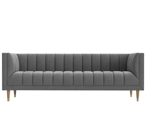 Gray sofa with recessed lines on the back and base