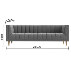 Gray sofa with recessed lines on the back and base