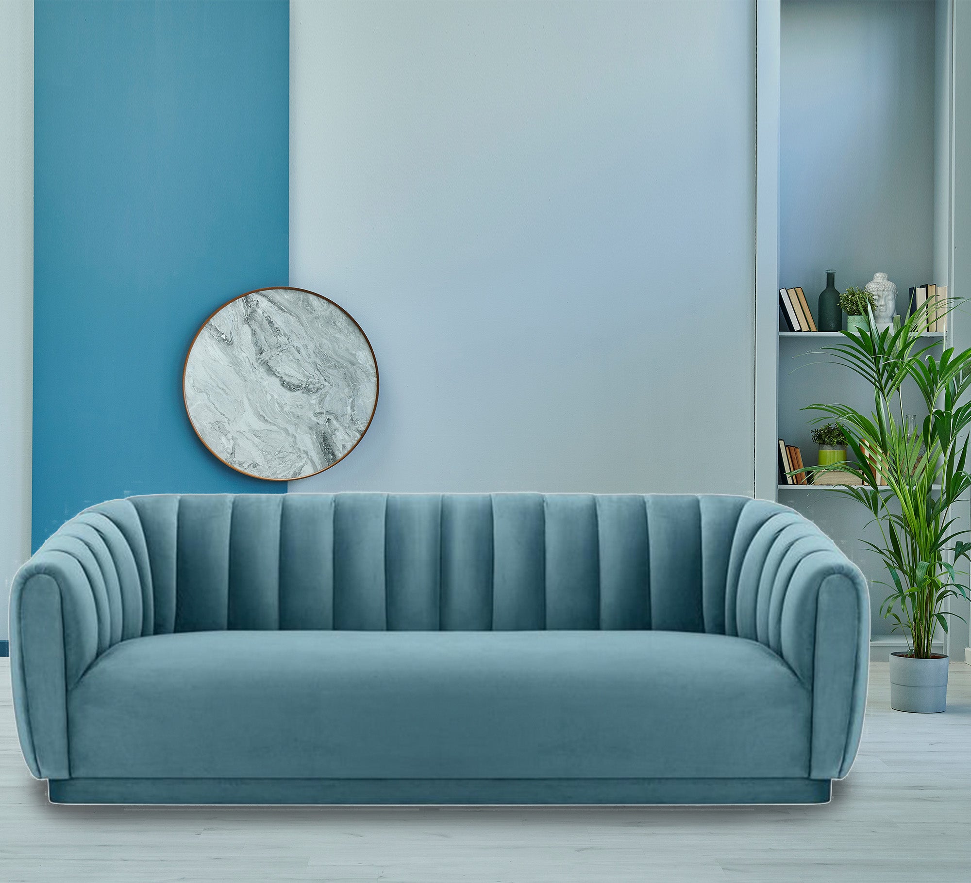 Baby Blue sofa with recessed stitching