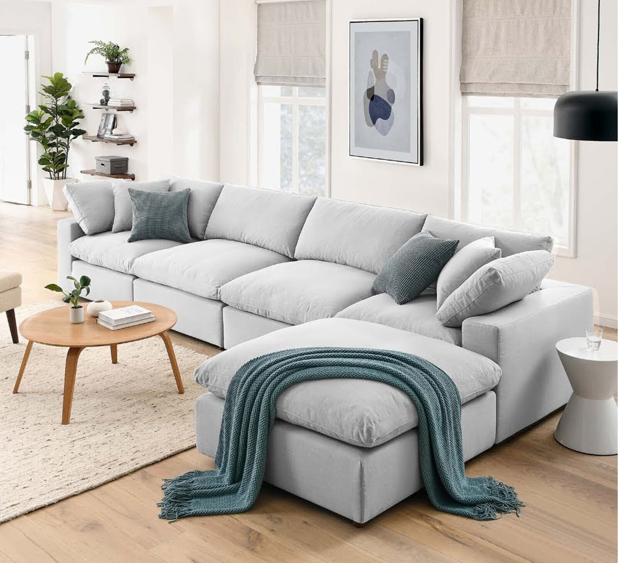 L-shaped living corner, light gray