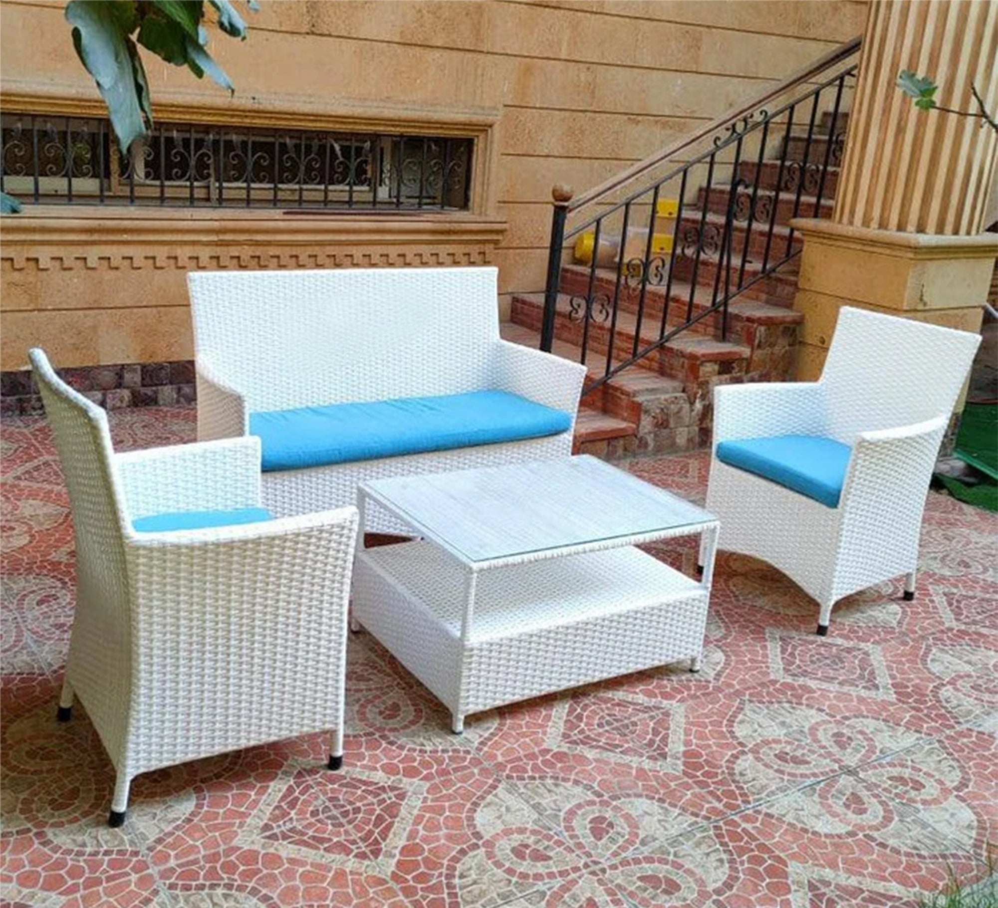 White and blue outdoor seating set