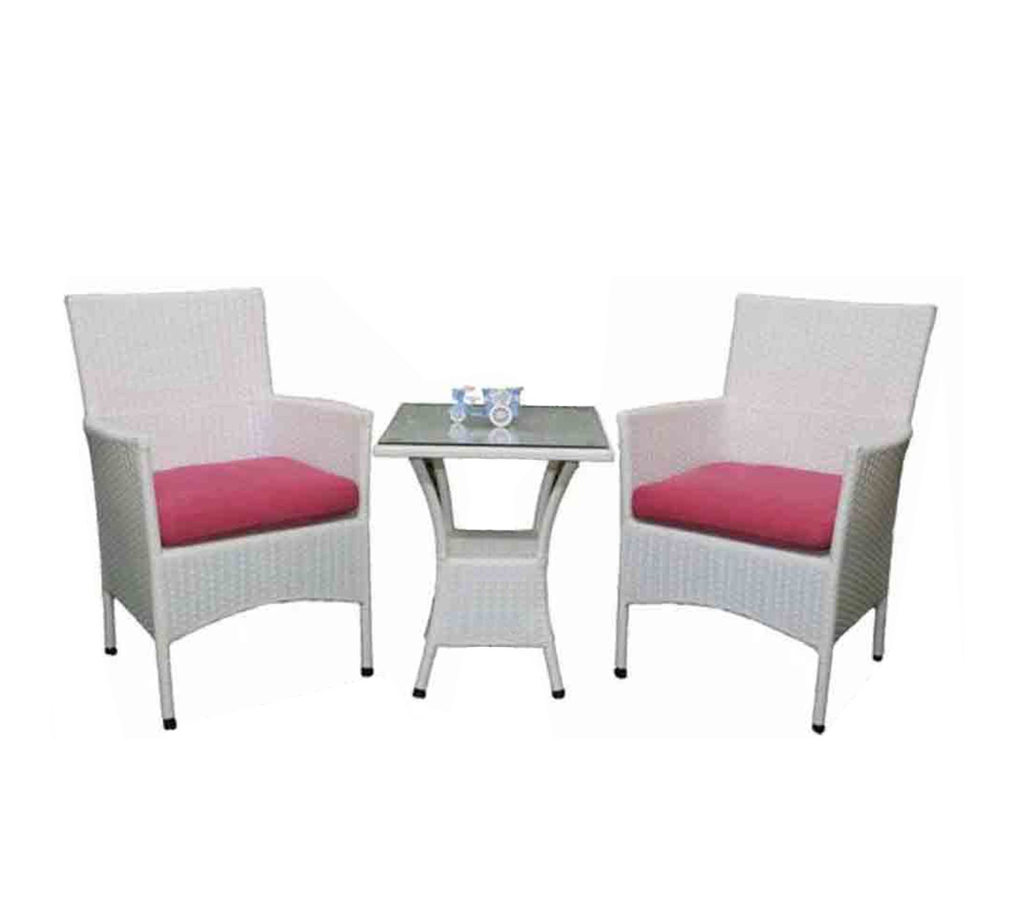 An outdoor seating set with a square table