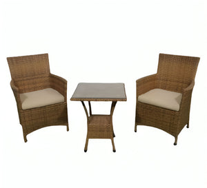 An outdoor set of 2 brown chairs and a table