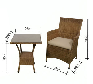 An outdoor set of 2 brown chairs and a table