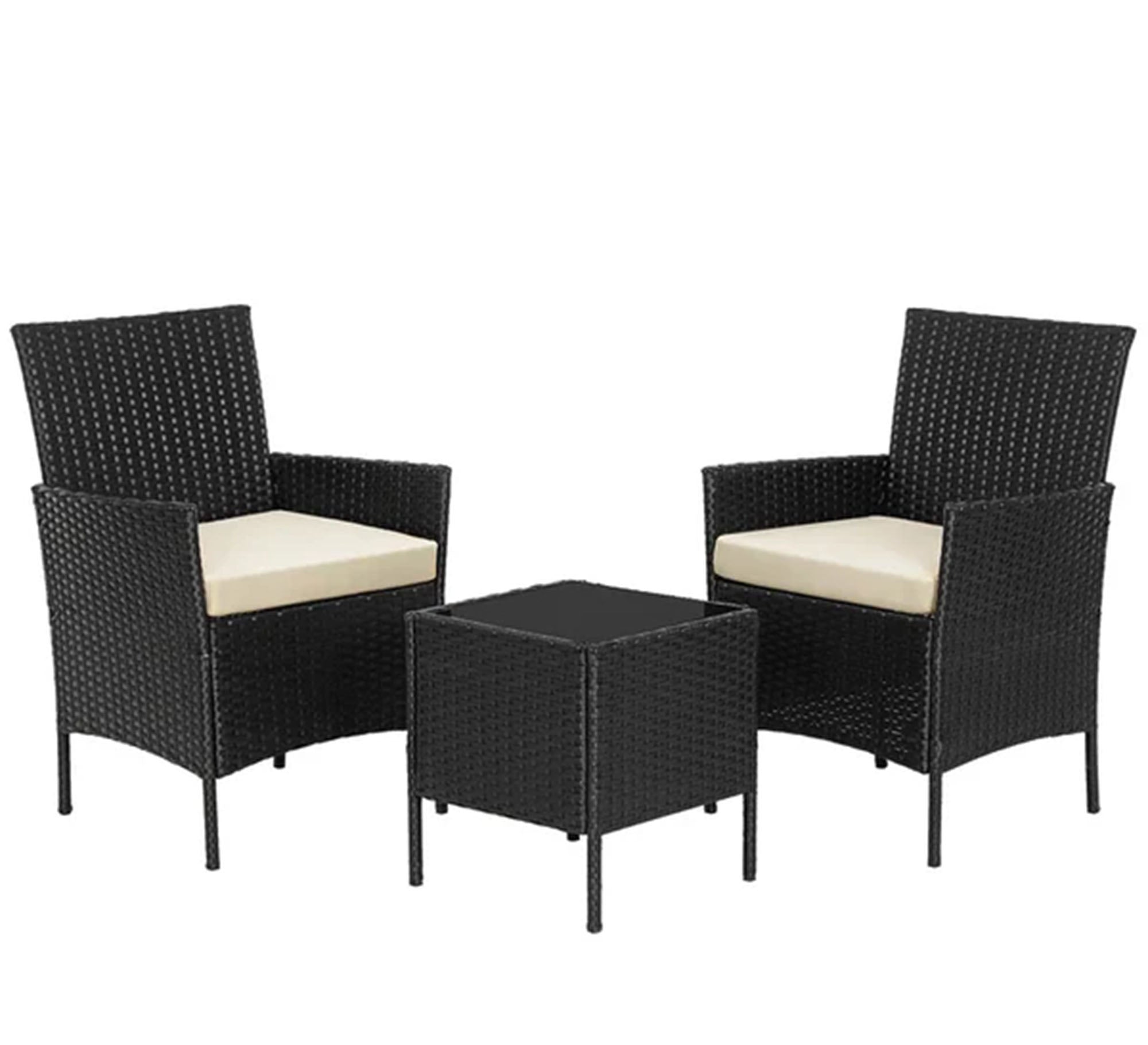 An outdoor set of 2 black chairs and a table