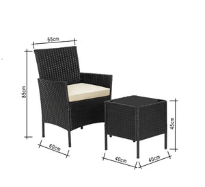 An outdoor set of 2 black chairs and a table