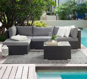 An outdoor set with a L-shape sofa set