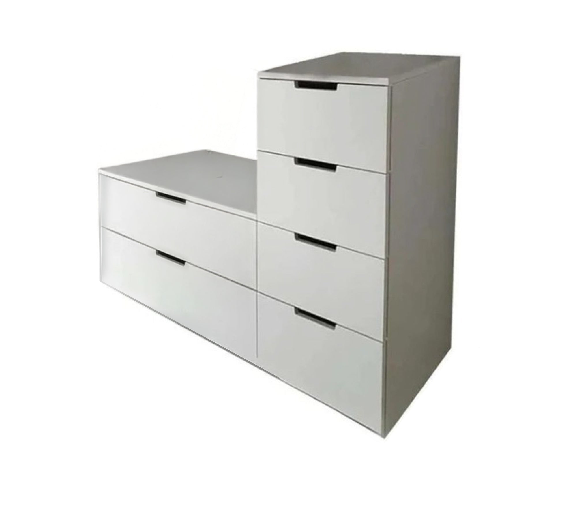White shoe rack with a bench and storage drawers Additional items: