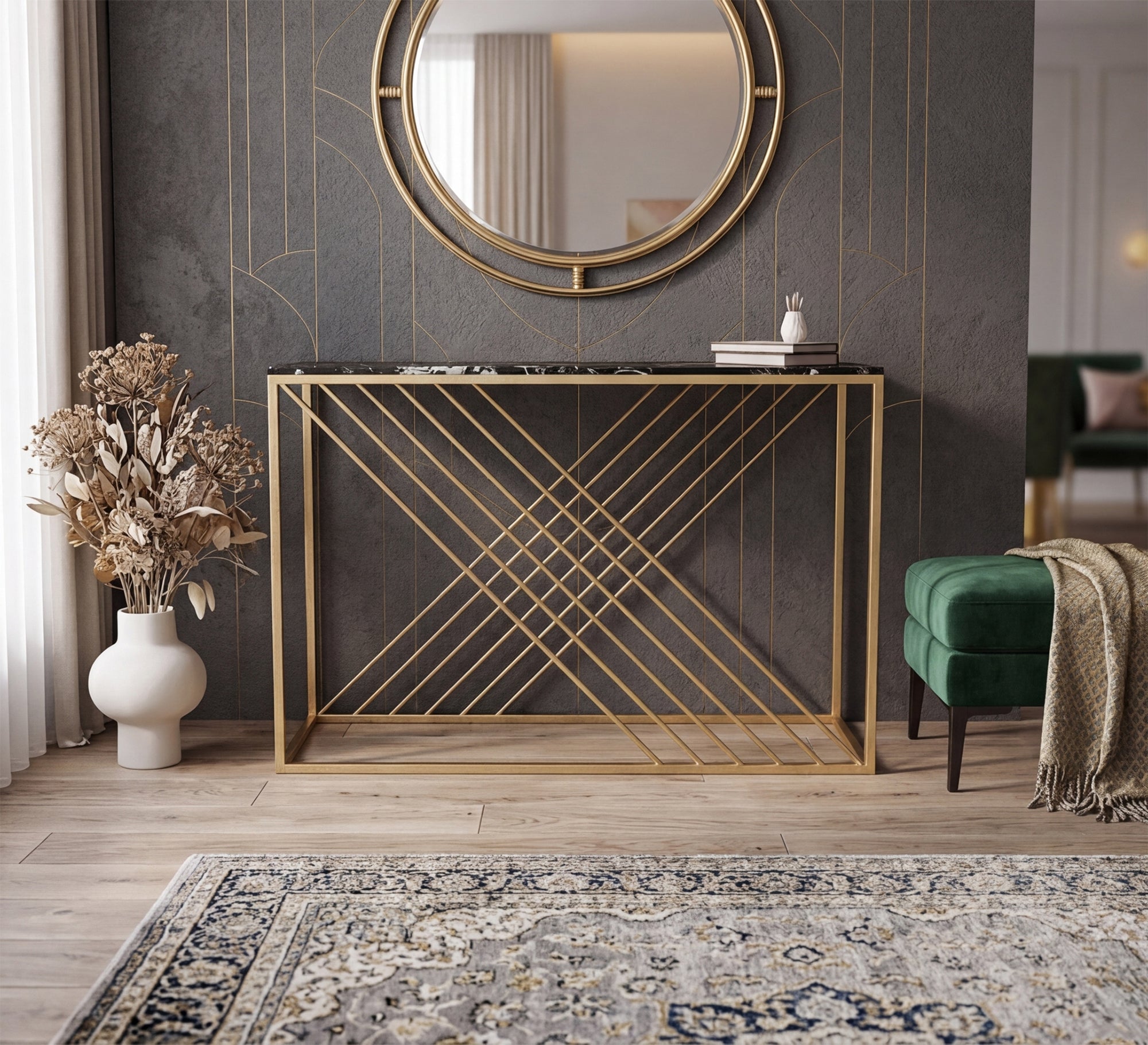 Gold console table with glass