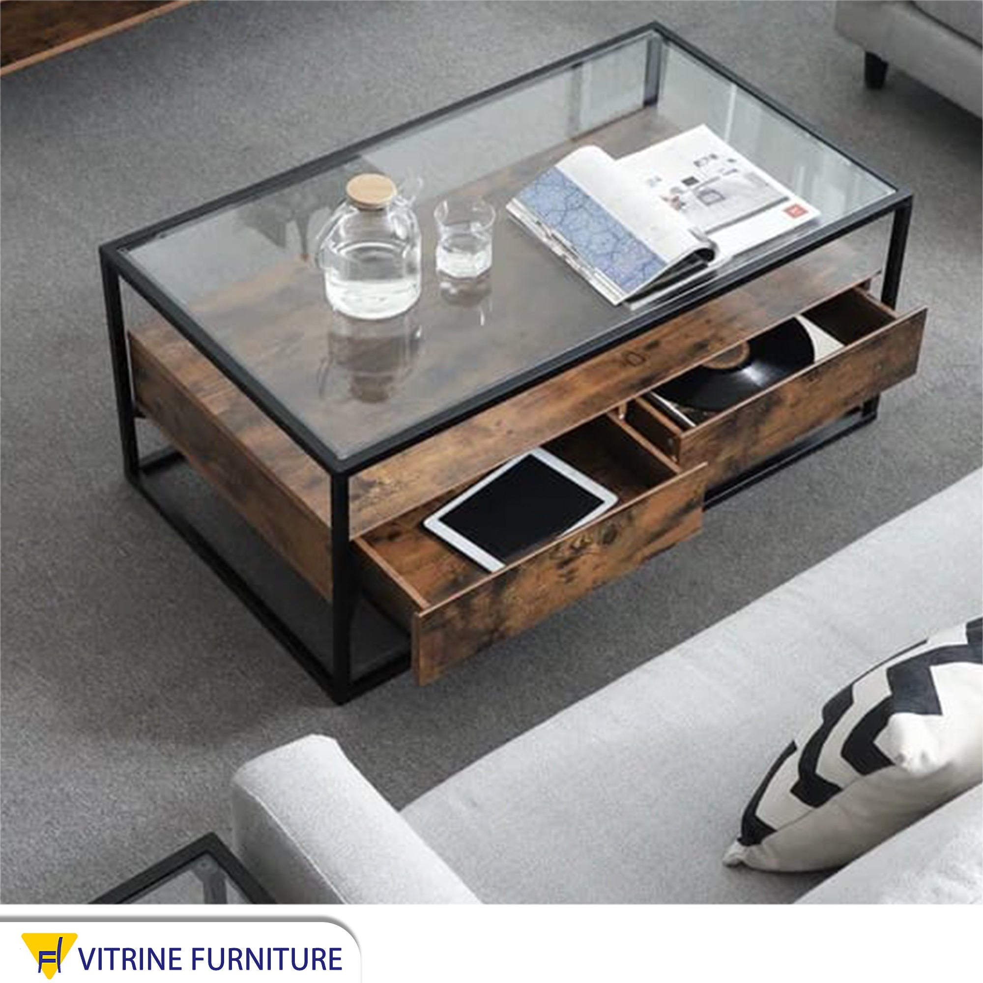 Black steel table with wooden drawers